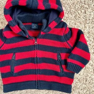 EUC I babyGAP Red and Navy Striped Knit Collared Hoodie I Size 6-12M